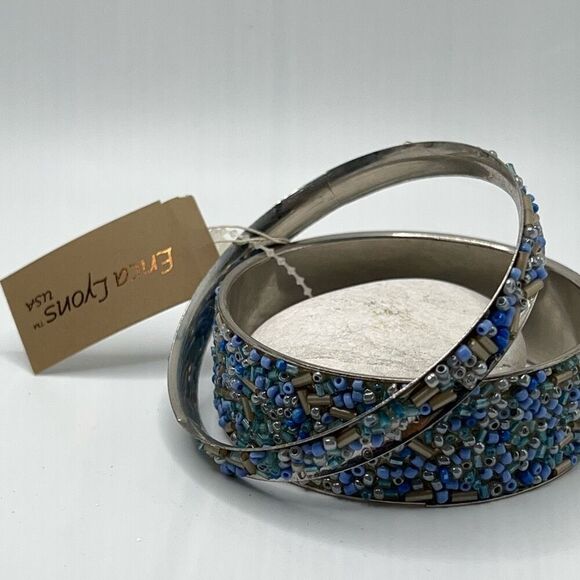 Silver Blue Beaded Bangle Set Erica Lyons - Picture 2 of 6